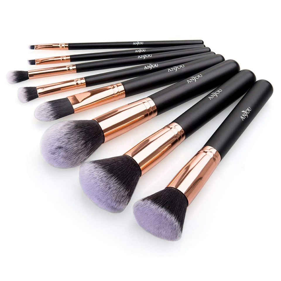 Brochas de Maquillaje 8 Piezas de Anjou, 100% Libre de Crueldad y Vegano con Cerdas Sintéticas Suaves de Alta Calidad, Bolso Cosmético Impermeable Incluido